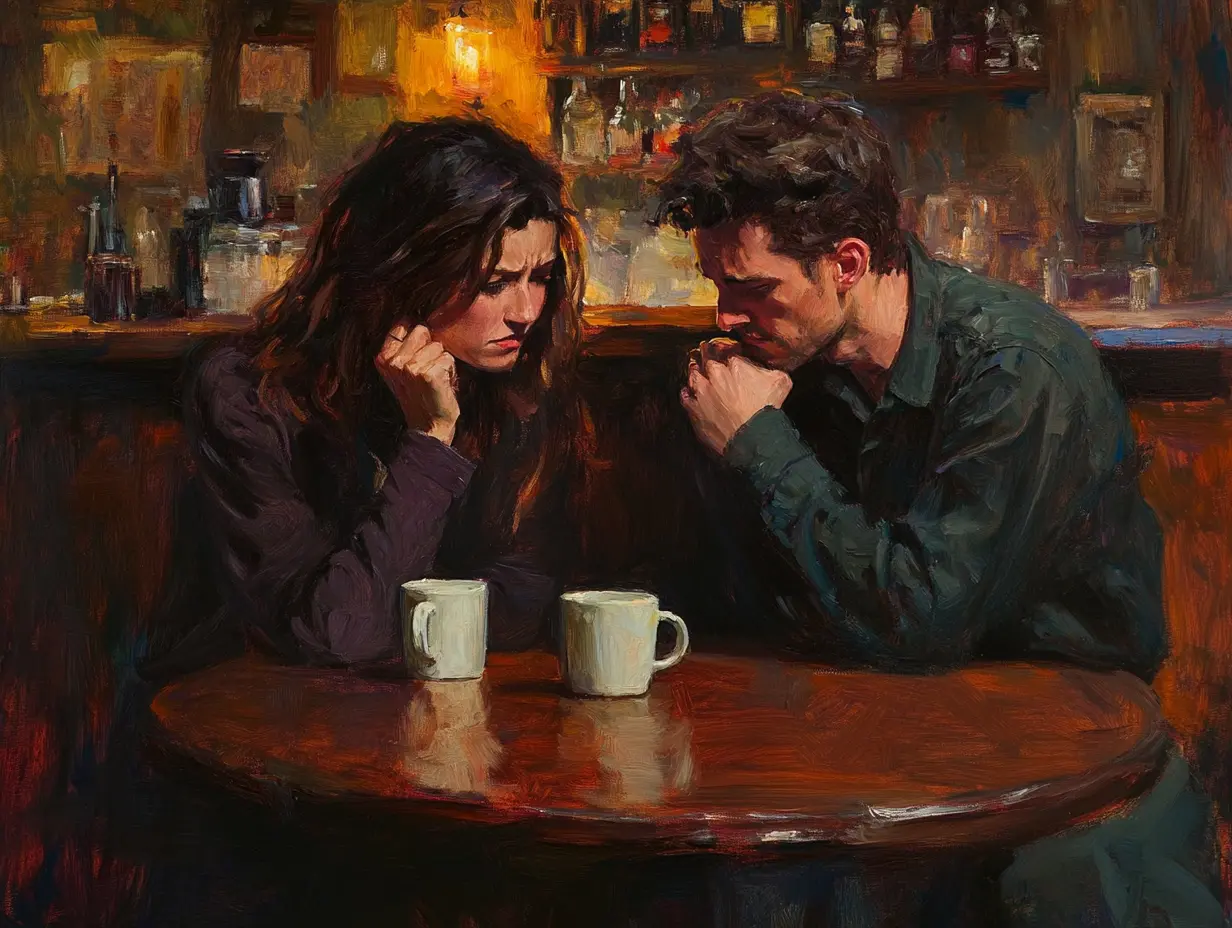 A young couple, both with sad, drawn-down faces, sits at a table in a coffee shop, talking through issues in their relationship.